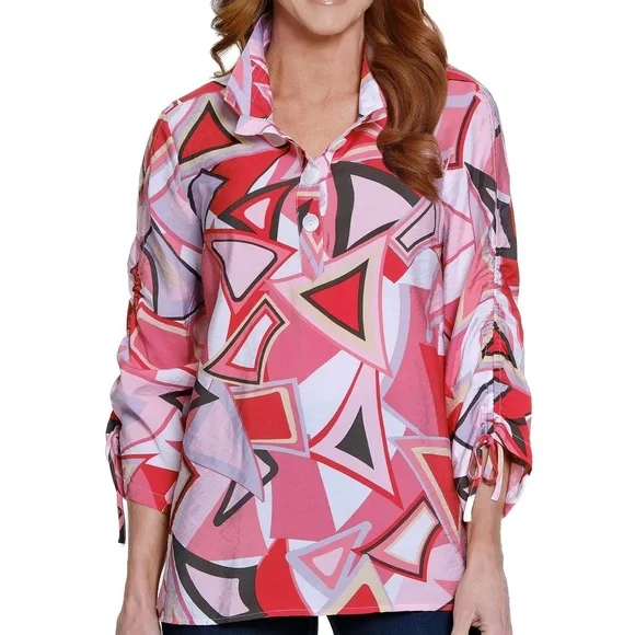 ALI MILES WOVEN PRINT TUNIC WITH CINCH SLEEVES‎ XL ABSTRACT PINK RED LAGENLOOK - Picture 2 of 8